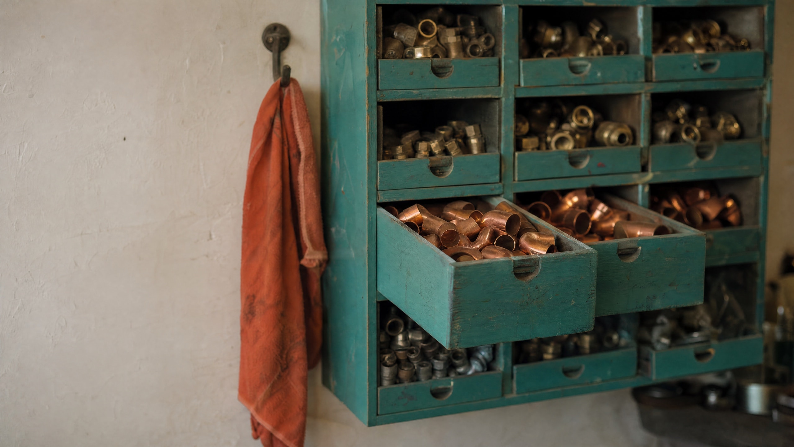 Un cabinet de pièces turquoise dans un atelier de plomberie, chaque tiroir contenant un seul type de raccord en cuivre ou en laiton.