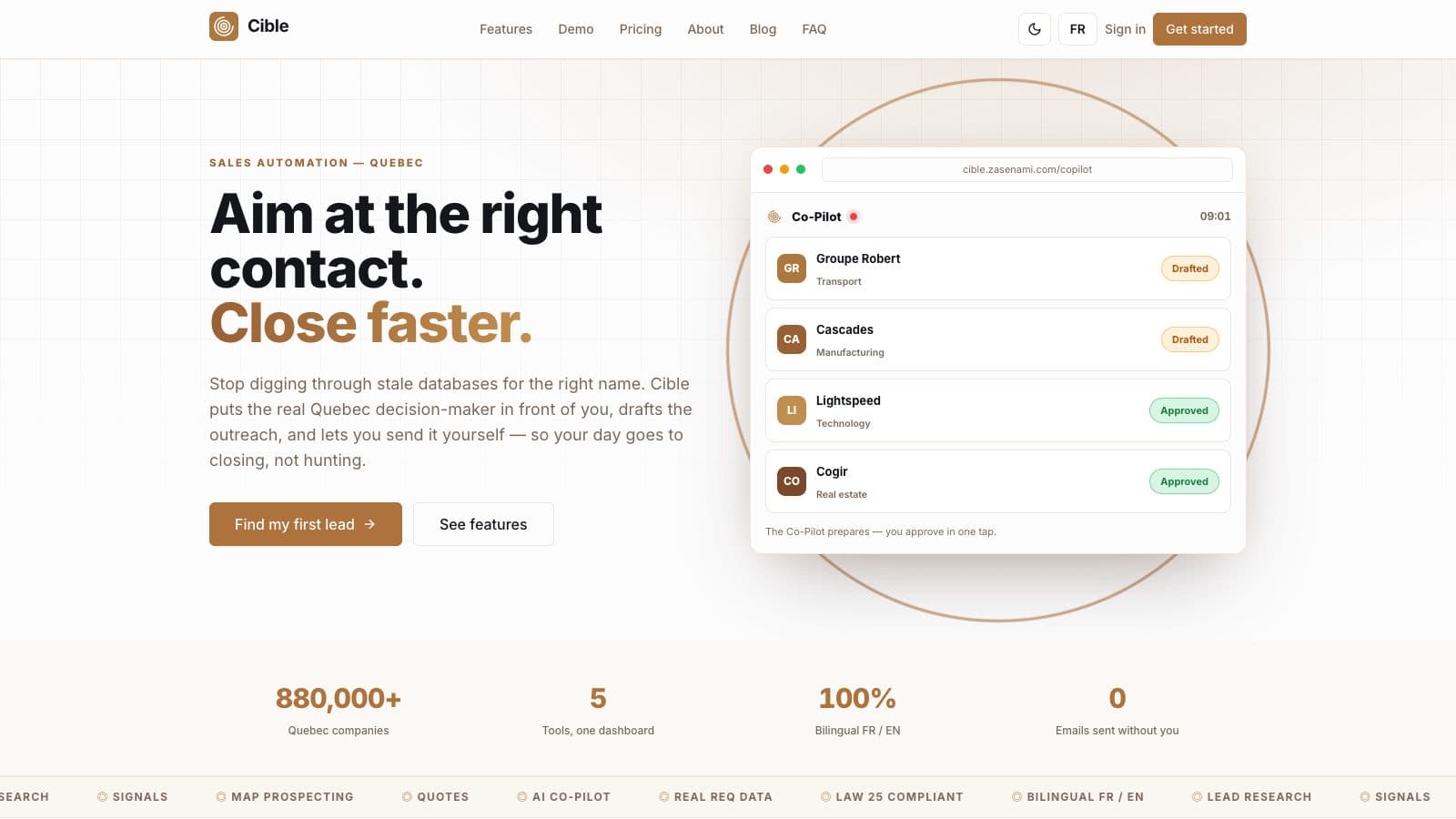 Cible — a bilingual Quebec sales-automation platform designed and built by Zasenami
